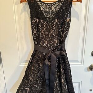 Betsy & Adam Black Lace Midi Dress with Ribbon Waist